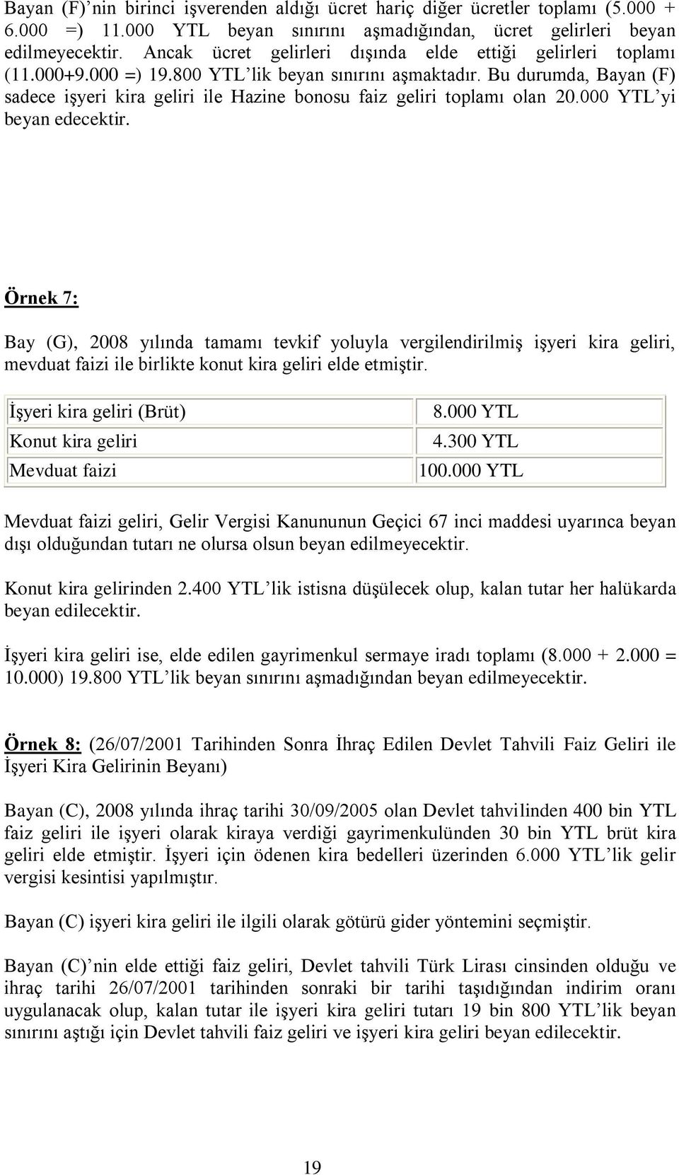 Bu durumda, Bayan (F) sadece işyeri kira geliri ile Hazine bonosu faiz geliri toplamı olan 20.000 YTL yi beyan edecektir.