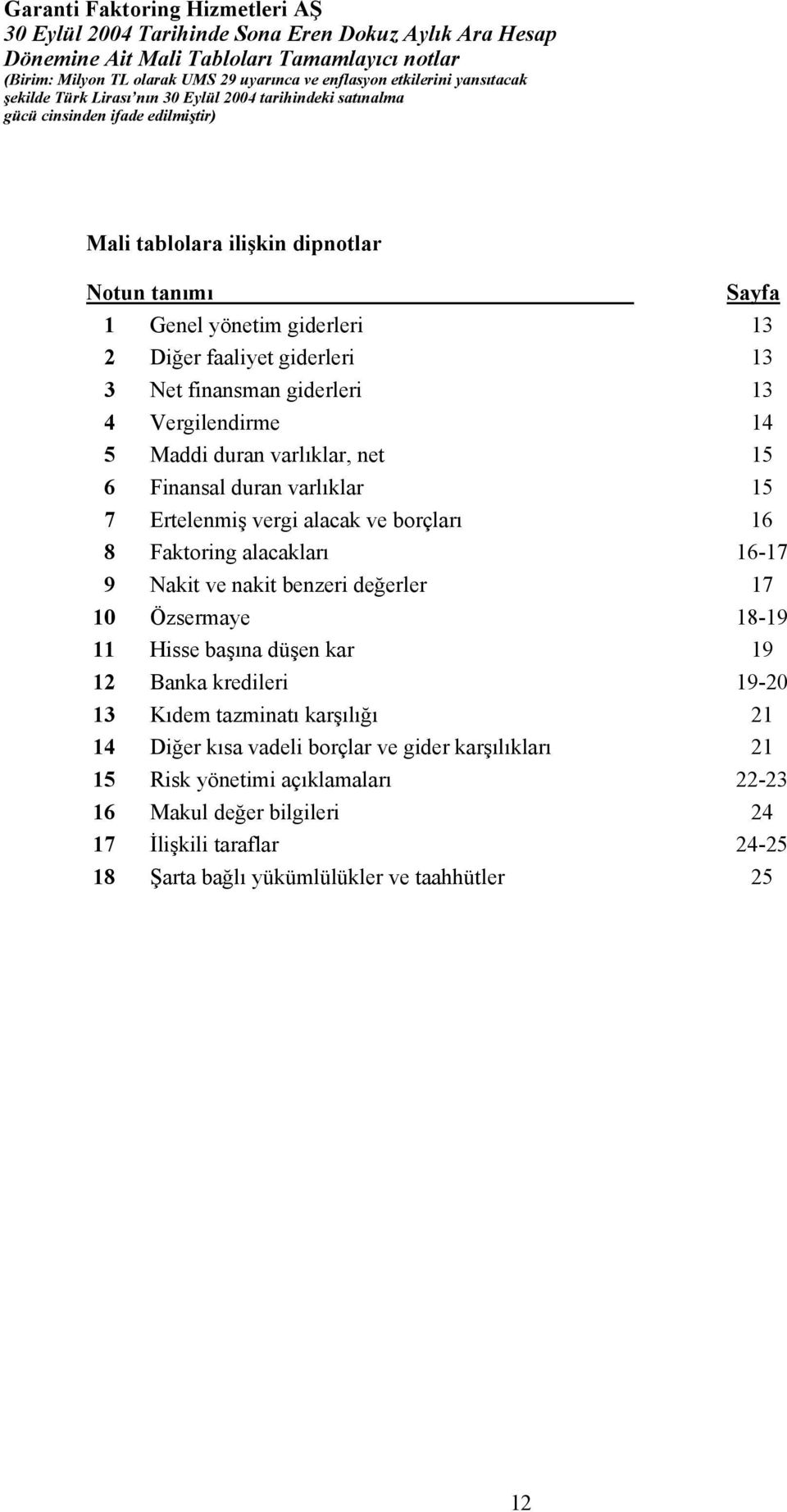 benzeri değerler 17 10 Özsermaye 18-19 11 Hisse başına düşen kar 19 12 Banka kredileri 19-20 13 Kıdem tazminatı karşılığı 21 14 Diğer kısa vadeli borçlar ve