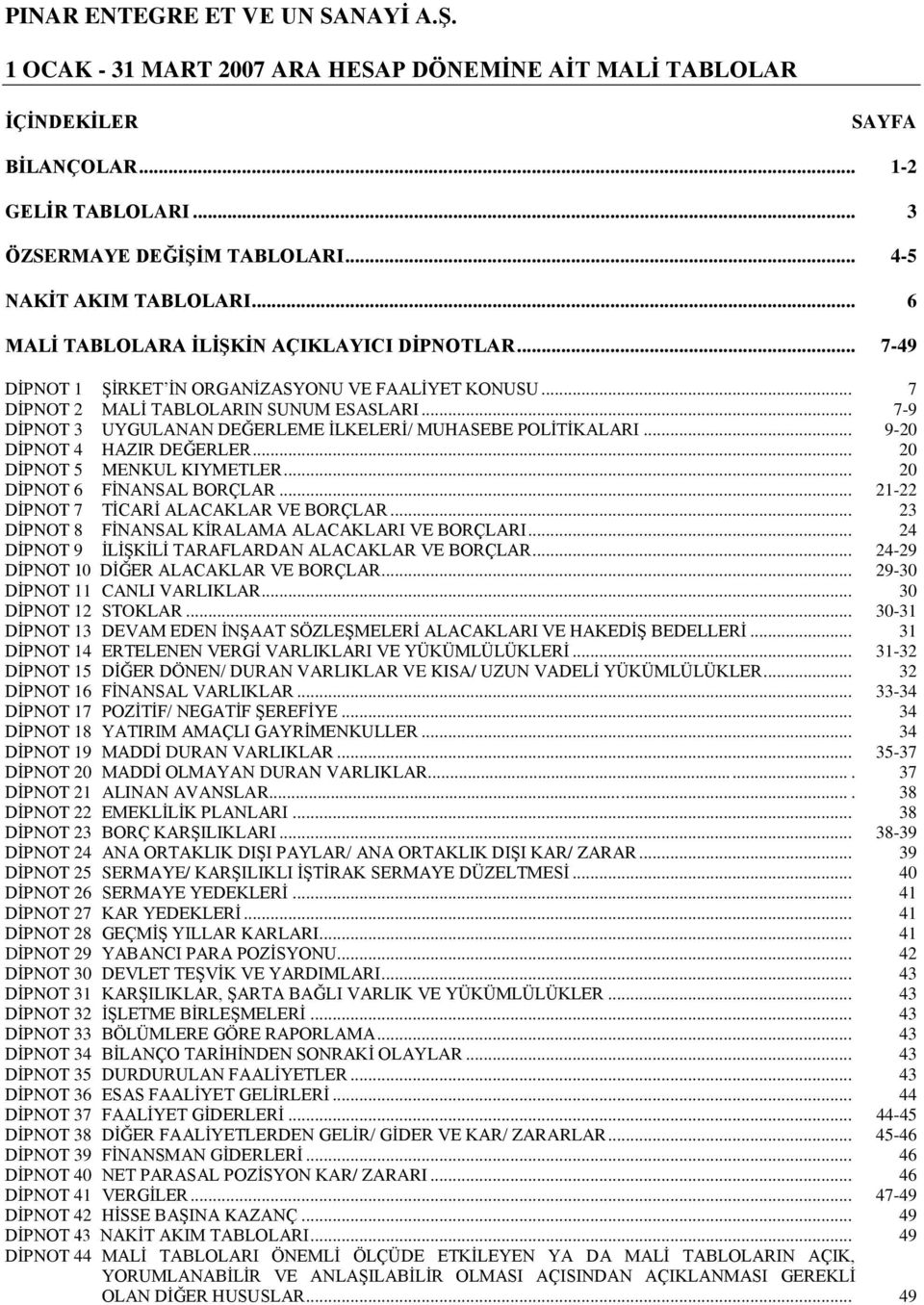 .. 9-20 DİPNOT 4 HAZIR DEĞERLER... 20 DİPNOT 5 MENKUL KIYMETLER... 20 DİPNOT 6 FİNANSAL BORÇLAR... 21-22 DİPNOT 7 TİCARİ ALACAKLAR VE BORÇLAR... 23 DİPNOT 8 FİNANSAL KİRALAMA ALACAKLARI VE BORÇLARI.