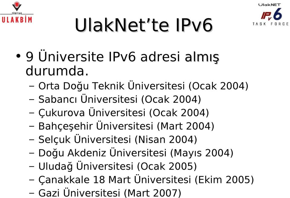 Üniversitesi (Ocak 2004) Bahçeşehir Üniversitesi (Mart 2004) Selçuk Üniversitesi (Nisan 2004)