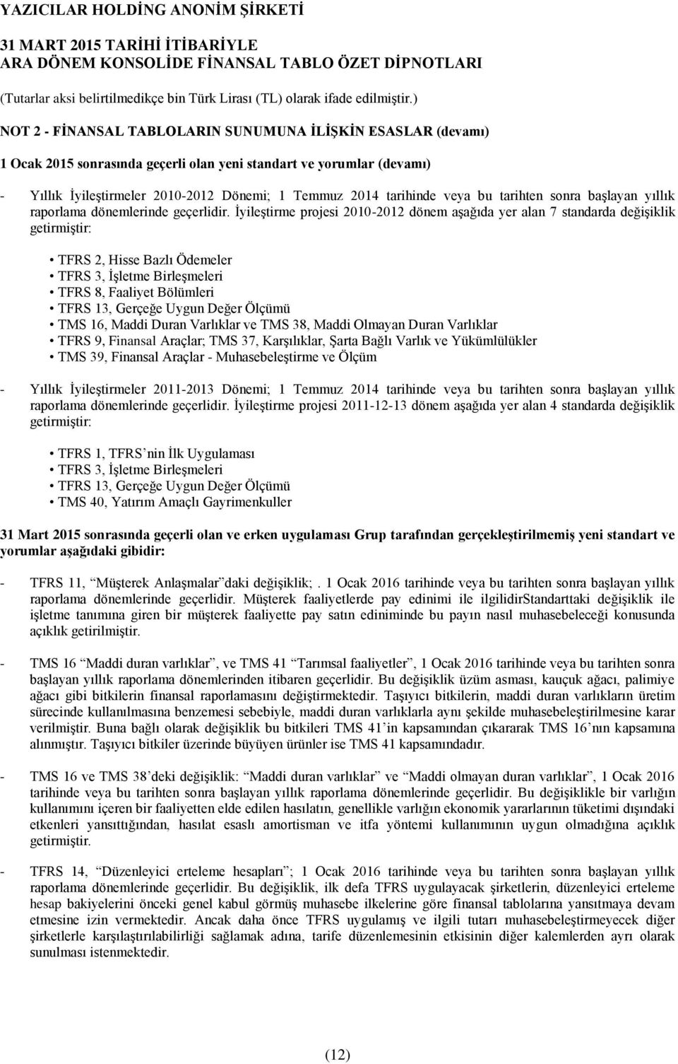 İyileştirme projesi 2010-2012 dönem aşağıda yer alan 7 standarda değişiklik getirmiştir: TFRS 2, Hisse Bazlı Ödemeler TFRS 3, İşletme Birleşmeleri TFRS 8, Faaliyet Bölümleri TFRS 13, Gerçeğe Uygun