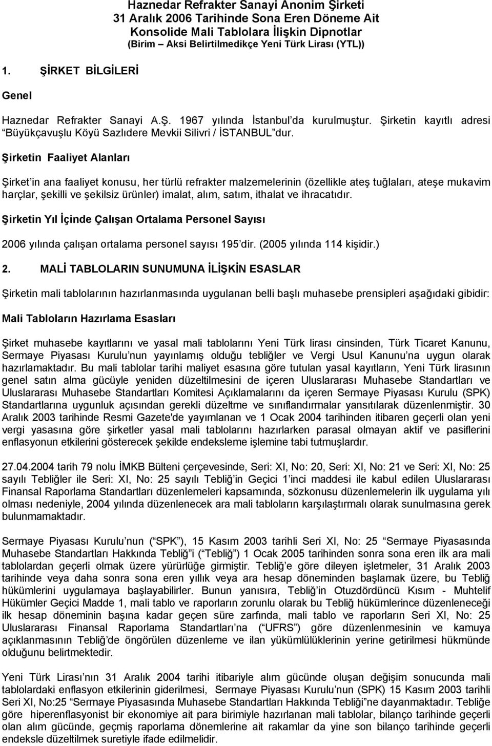 Şirketin Faaliyet Alanları Şirket in ana faaliyet konusu, her türlü refrakter malzemelerinin (özellikle ateş tuğlaları, ateşe mukavim harçlar, şekilli ve şekilsiz ürünler) imalat, alım, satım,