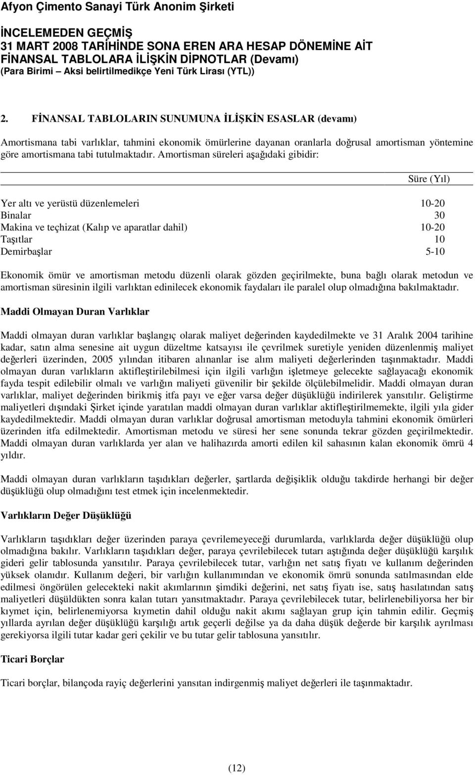 amortisman metodu düzenli olarak gözden geçirilmekte, buna bağlı olarak metodun ve amortisman süresinin ilgili varlıktan edinilecek ekonomik faydaları ile paralel olup olmadığına bakılmaktadır.