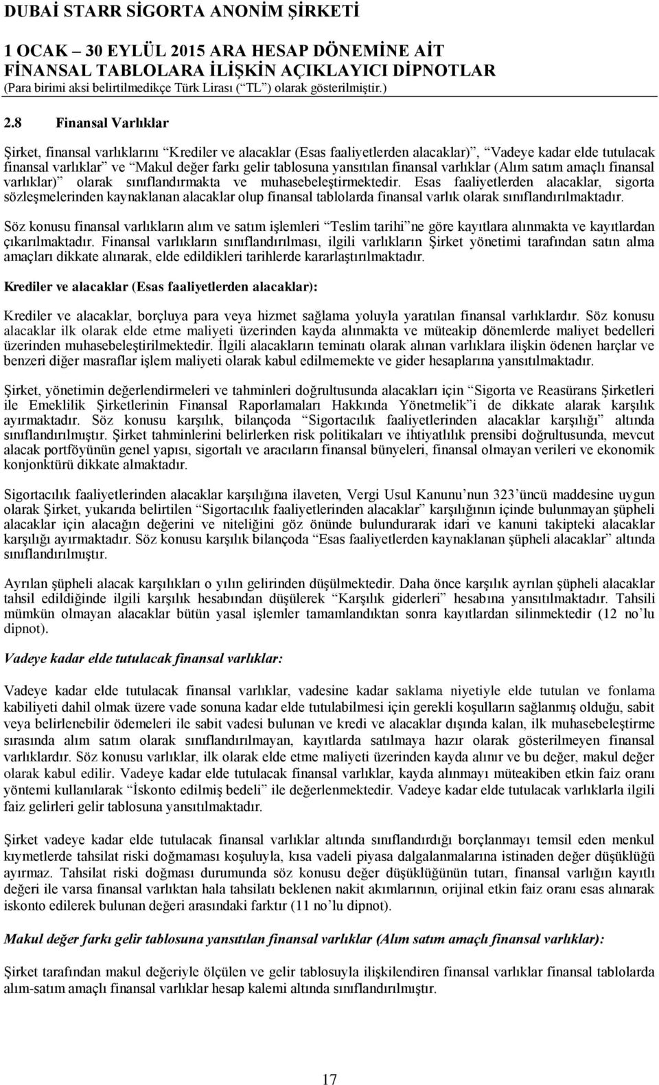 Esas faaliyetlerden alacaklar, sigorta sözleşmelerinden kaynaklanan alacaklar olup finansal tablolarda finansal varlık olarak sınıflandırılmaktadır.