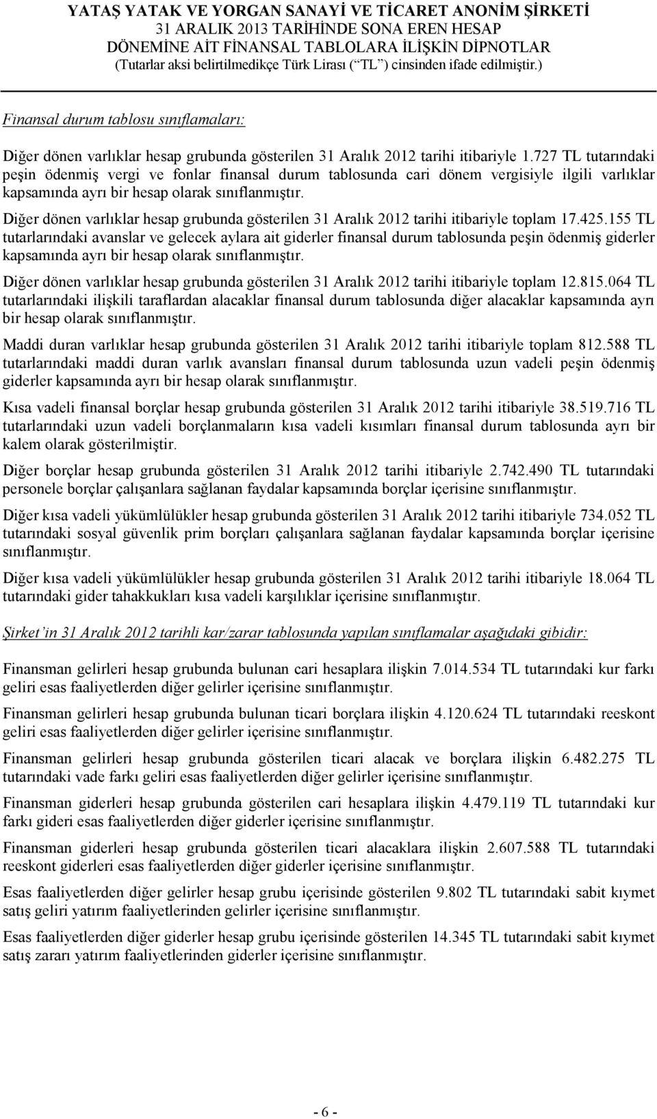 Diğer dönen varlıklar hesap grubunda gösterilen 31 Aralık 2012 tarihi itibariyle toplam 17.425.