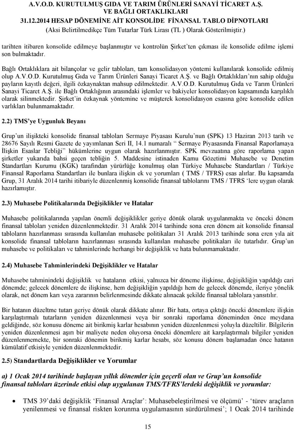 ve Bağlı Ortaklıkları nın sahip olduğu payların kayıtlı değeri, ilgili özkaynaktan mahsup edilmektedir. A.V.O.D. Kurutulmuş Gıda ve Tarım Ürünleri Sanayi Ticaret A.Ş.