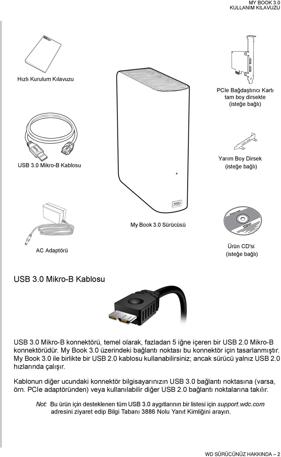 My Book 3.0 ile birlikte bir USB 2.0 kablosu kullanabilirsiniz; ancak sürücü yalnız USB 2.0 hızlarında çalışır. Kablonun diğer ucundaki konnektör bilgisayarınızın USB 3.