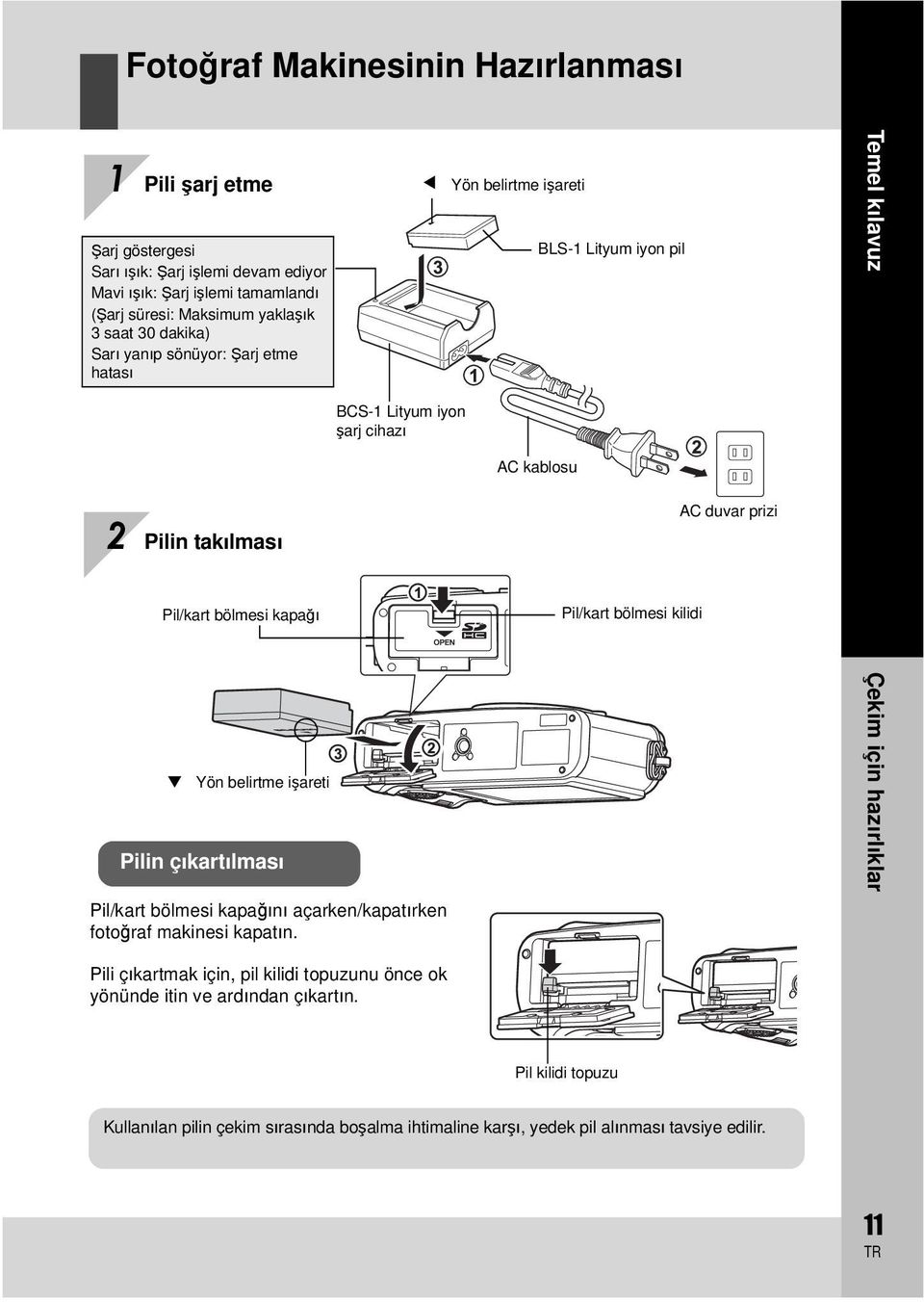 Pil/kart bölmesi kapağı Pil/kart bölmesi kilidi Yön belirtme işareti Pilin çıkartılması Pil/kart bölmesi kapağını açarken/kapatırken fotoğraf makinesi kapatın.