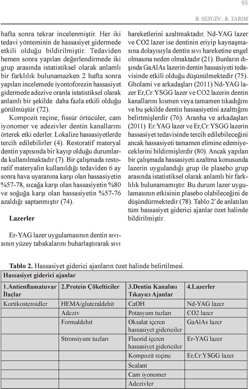 oranla istatistiksel olarak anlamlı bir şekilde daha fazla etkili olduğu görülmüştür (72). Kompozit reçine, fissür örtücüler, cam iyonomer ve adezivler dentin kanallarını örterek etki ederler.