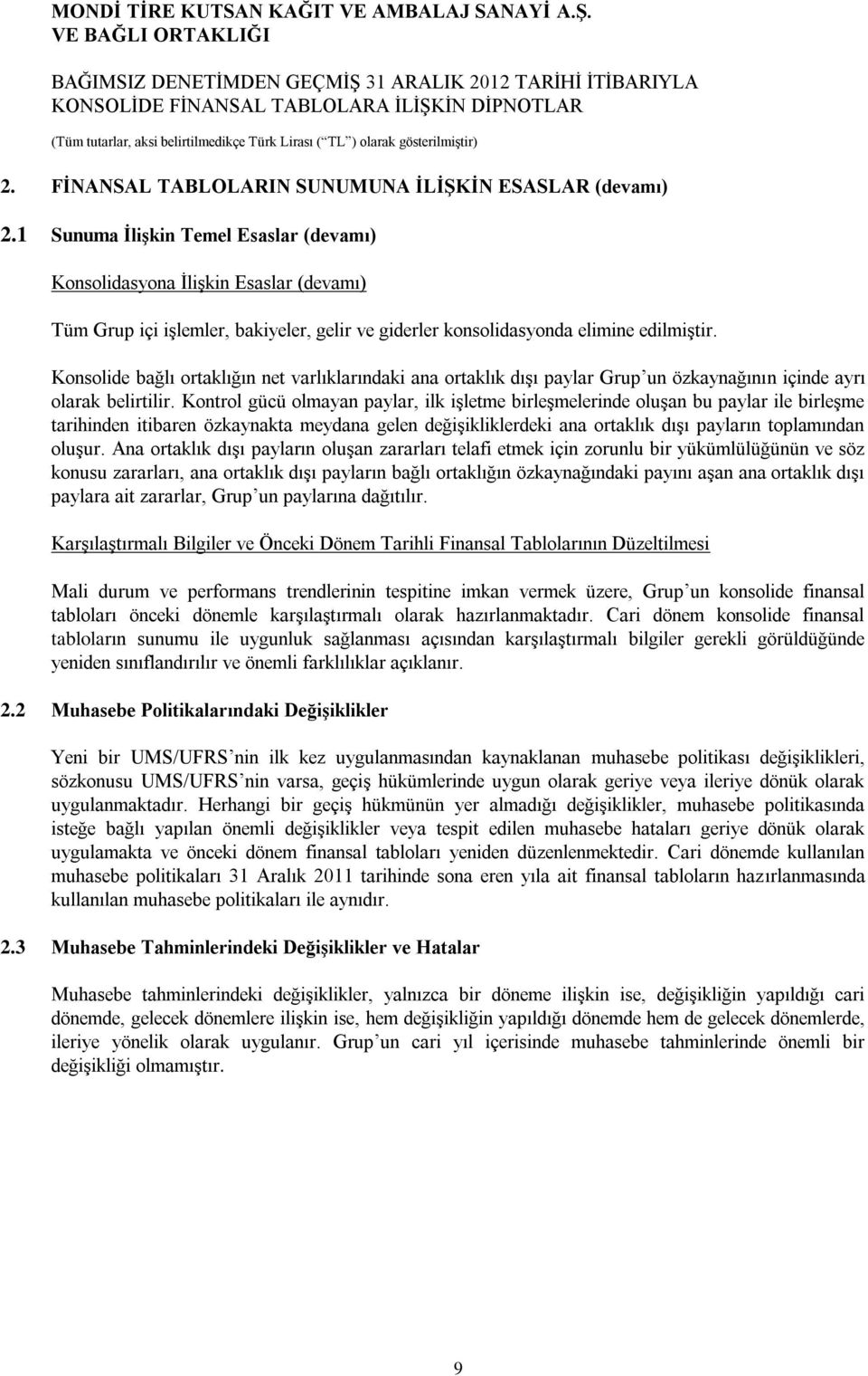 Konsolide bağlı ortaklığın net varlıklarındaki ana ortaklık dışı paylar Grup un özkaynağının içinde ayrı olarak belirtilir.