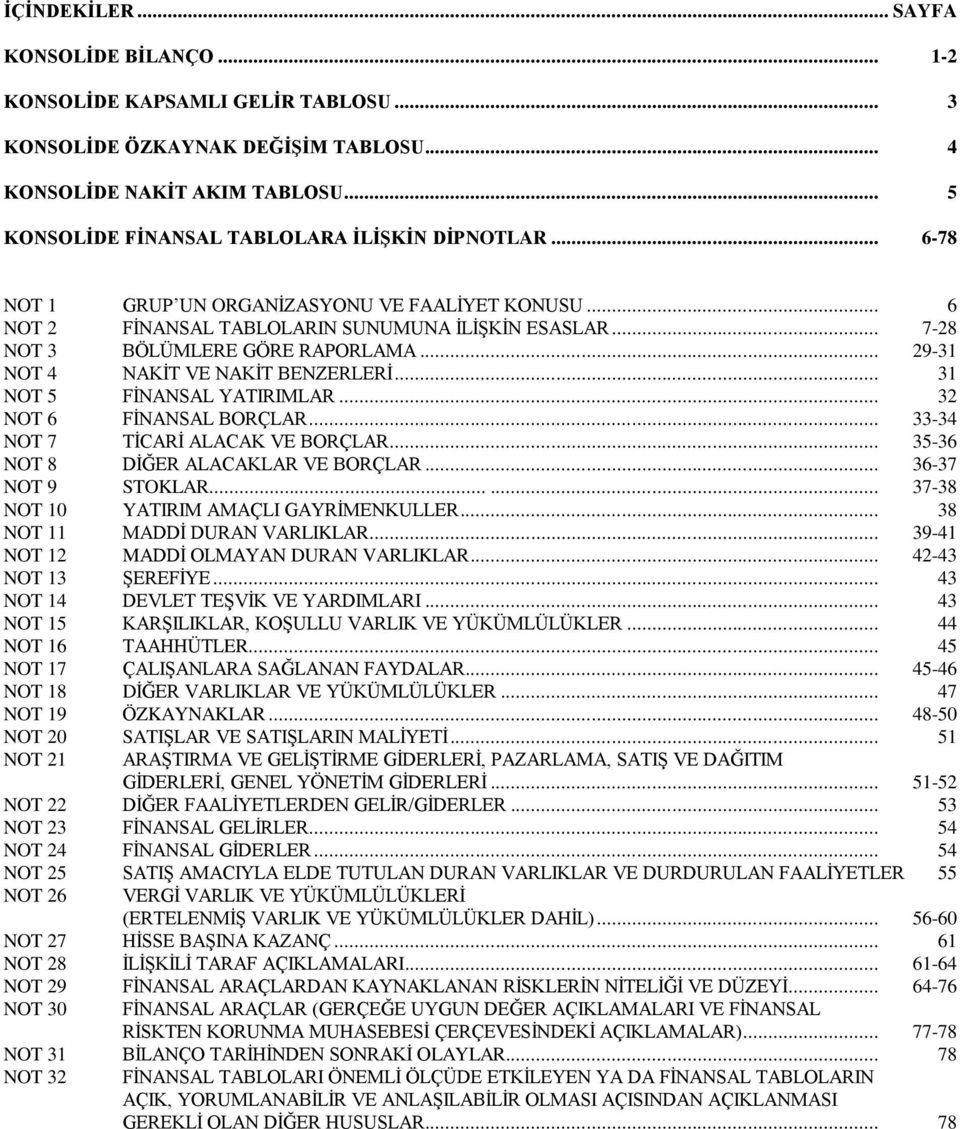 .. 31 NOT 5 FİNANSAL YATIRIMLAR... 32 NOT 6 FİNANSAL BORÇLAR... 33-34 NOT 7 TİCARİ ALACAK VE BORÇLAR... 35-36 NOT 8 DİĞER ALACAKLAR VE BORÇLAR... 36-37 NOT 9 STOKLAR.