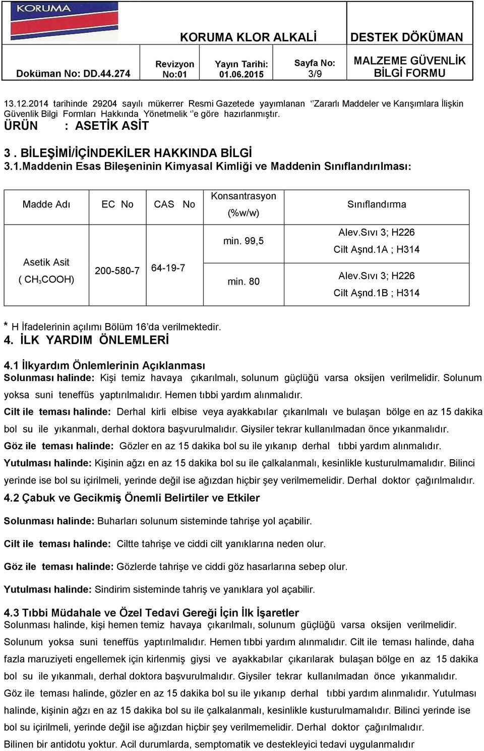 Sıvı 3; H226 Cilt Aşnd.1A ; H314 Alev.Sıvı 3; H226 Cilt Aşnd.1B ; H314 * H İfadelerinin açılımı Bölüm 16 da verilmektedir. 4. İLK YARDIM ÖNLEMLERİ 4.