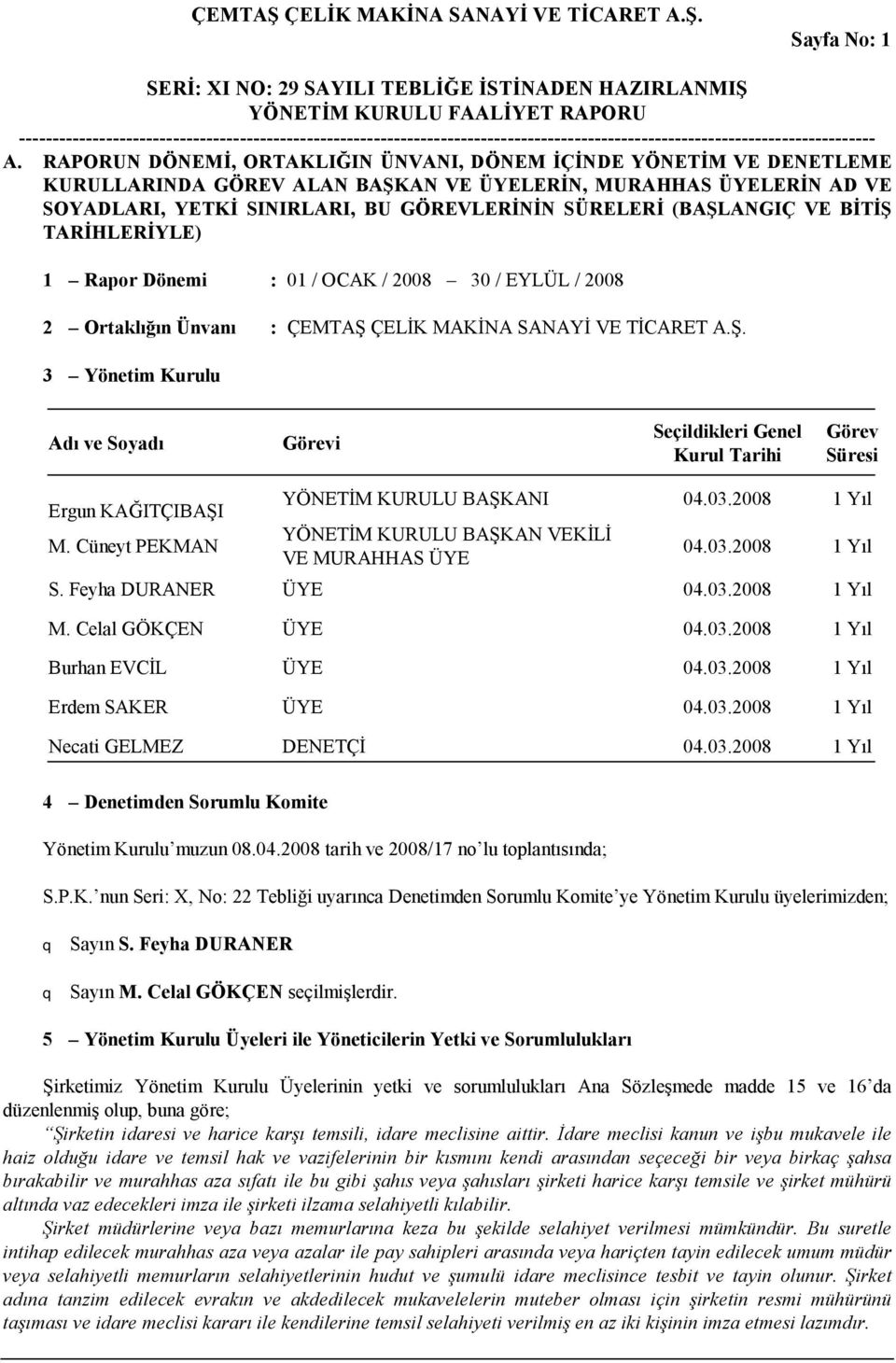 (BAŞLANGIÇ VE BİTİŞ TARİHLERİYLE) 1 Rapor Dönemi : 01 / OCAK / 2008 30 / EYLÜL / 2008 2 Ortaklığın Ünvanı : ÇEMTAŞ ÇELİK MAKİNA SANAYİ VE TİCARET A.Ş. 3 Yönetim Kurulu Adı ve Soyadı Görevi Seçildikleri Genel Kurul Tarihi Görev Süresi Ergun KAĞITÇIBAŞI M.