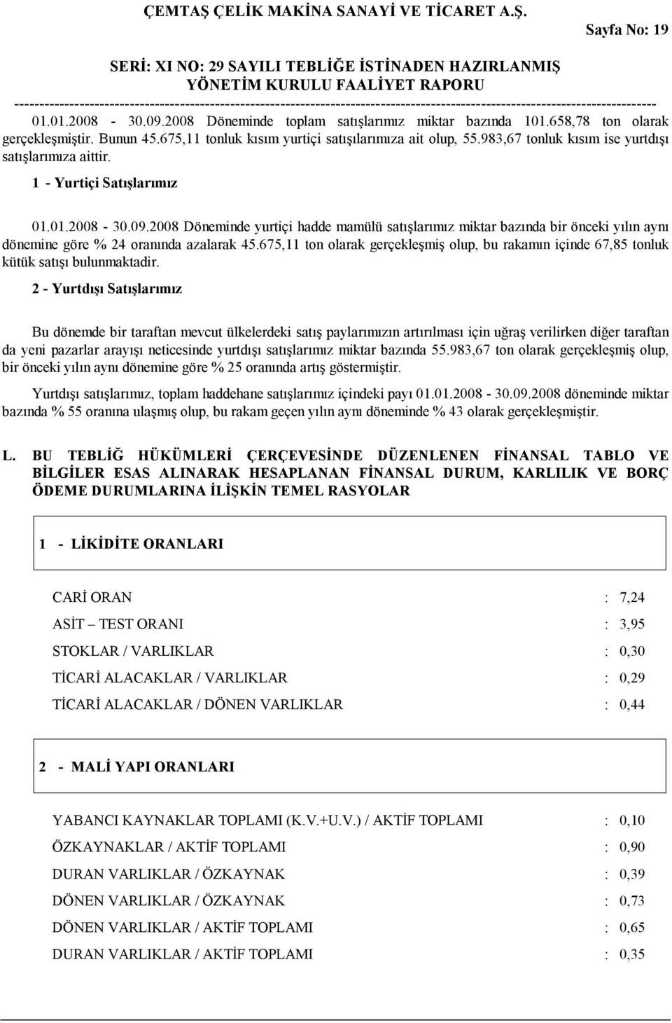 2008 Döneminde yurtiçi hadde mamülü satışlarımız miktar bazında bir önceki yılın aynı dönemine göre % 24 oranında azalarak 45.