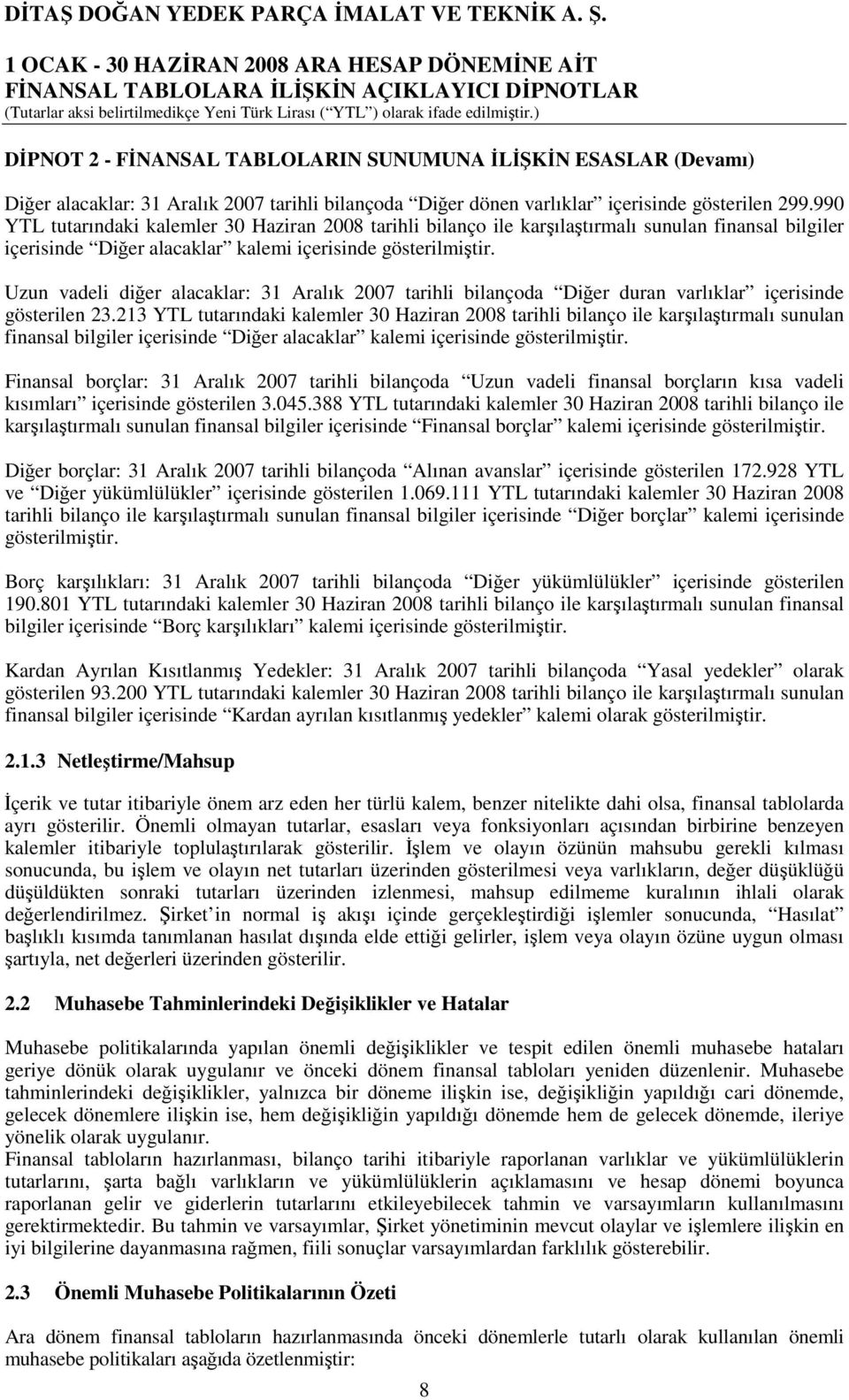 Uzun vadeli diğer alacaklar: 31 Aralık 2007 tarihli bilançoda Diğer duran varlıklar içerisinde gösterilen 23.