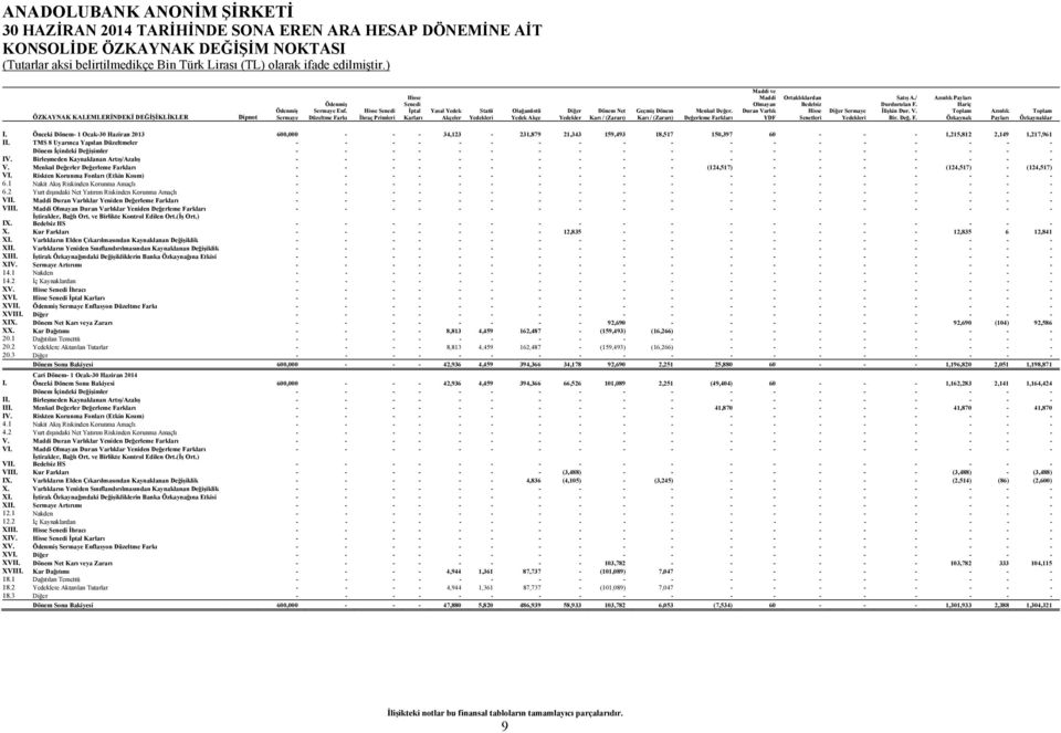 Menkul Değer. Değerleme Farkları Maddi ve Maddi Olmayan Duran Varlık YDF Ortaklıklardan Bedelsiz Hisse Senetleri Diğer Sermaye Yedekleri Satış A./ Durdurulan F. İlişkin Dur. V. Bir. Değ. F. Azınlık Payları Hariç Toplam Özkaynak Azınlık Payları Toplam Özkaynaklar I.