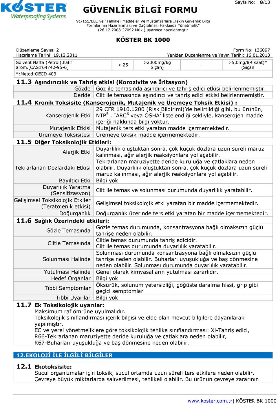 Deride Cilt ile temasında aşındırıcı ve tahriş edici etkisi belirlenmemiştir. 11.4 Kronik Toksisite (Kanserojenik, Mutajenik ve Üremeye Toksik Etkisi) : 29 CFR 1910.