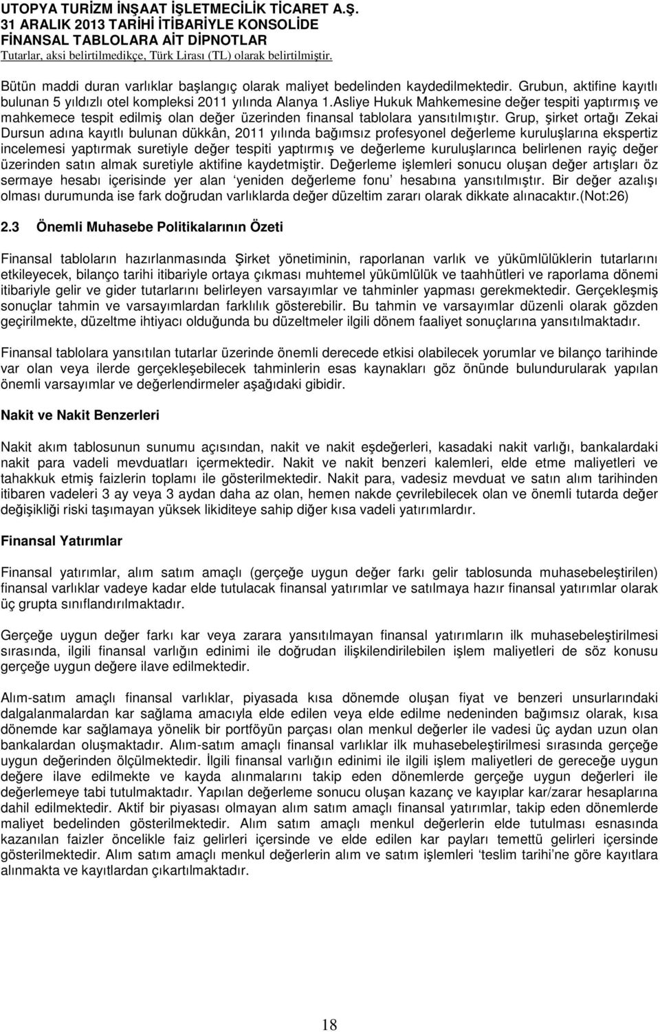 Grup, şirket ortağı Zekai Dursun adına kayıtlı bulunan dükkân, 2011 yılında bağımsız profesyonel değerleme kuruluşlarına ekspertiz incelemesi yaptırmak suretiyle değer tespiti yaptırmış ve değerleme