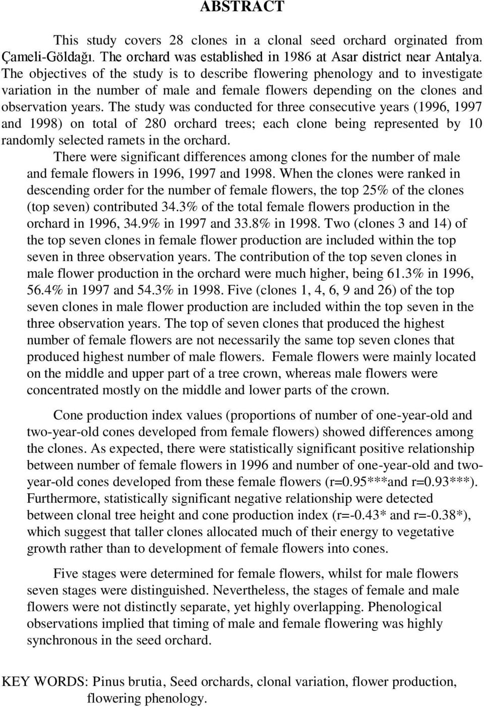 The study was conducted for three consecutive years (1996, 1997 and 1998) on total of 280 orchard trees; each clone being represented by 10 randomly selected ramets in the orchard.