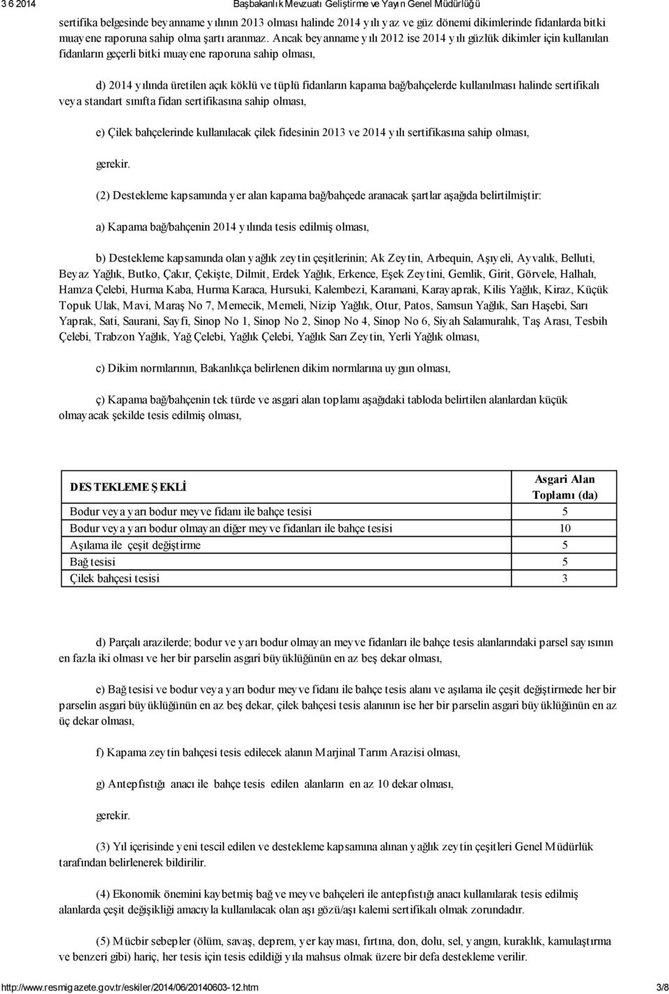 bağ/bahçelerde kullanılması halinde sertifikalı veya standart sınıfta fidan sertifikasına sahip olması, e) Çilek bahçelerinde kullanılacak çilek fidesinin 2013 ve 2014 yılı sertifikasına sahip