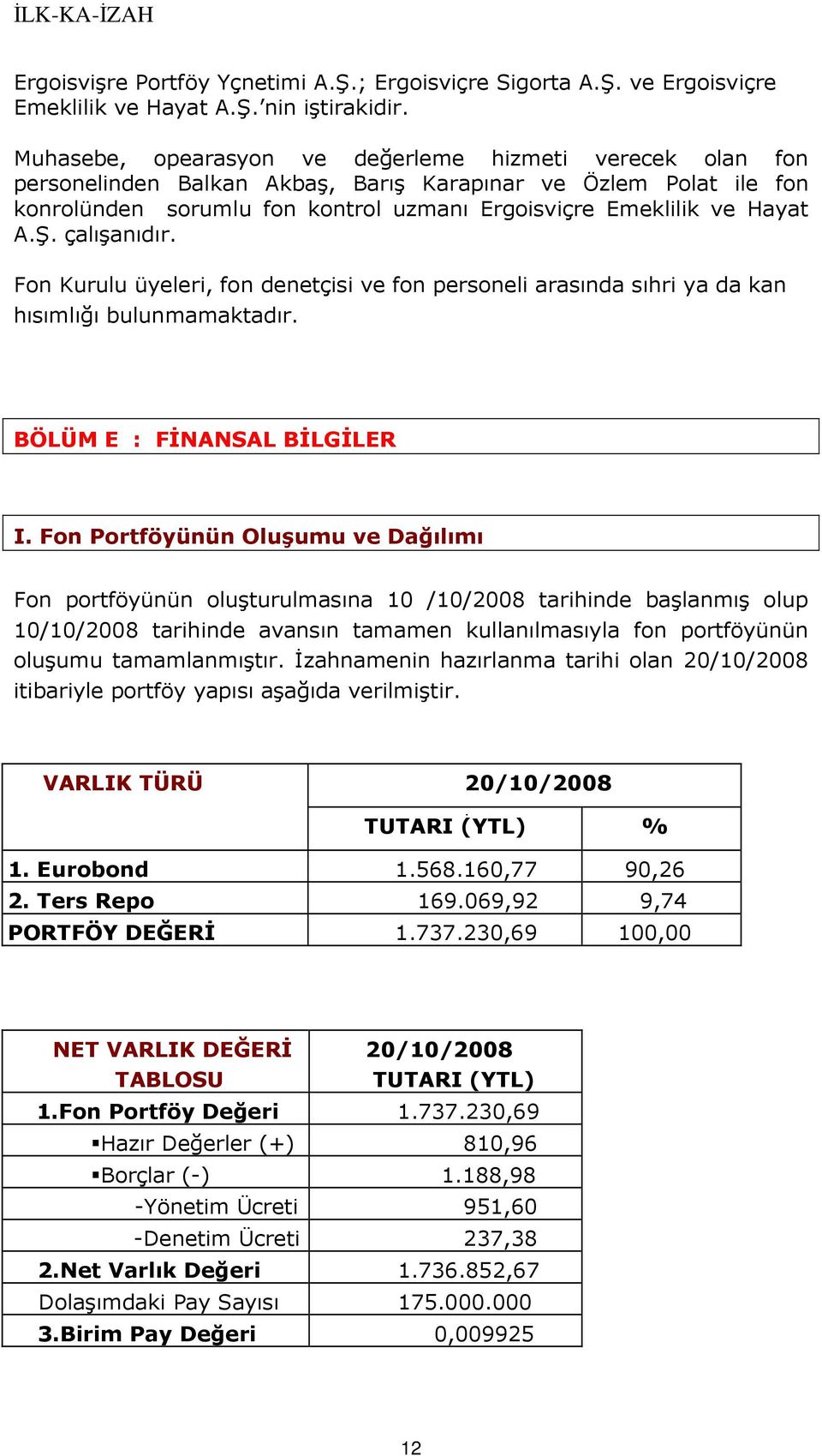 çalışanıdır. Fon Kurulu üyeleri, fon denetçisi ve fon personeli arasında sıhri ya da kan hısımlığı bulunmamaktadır. BÖLÜM E : FĐNANSAL BĐLGĐLER I.