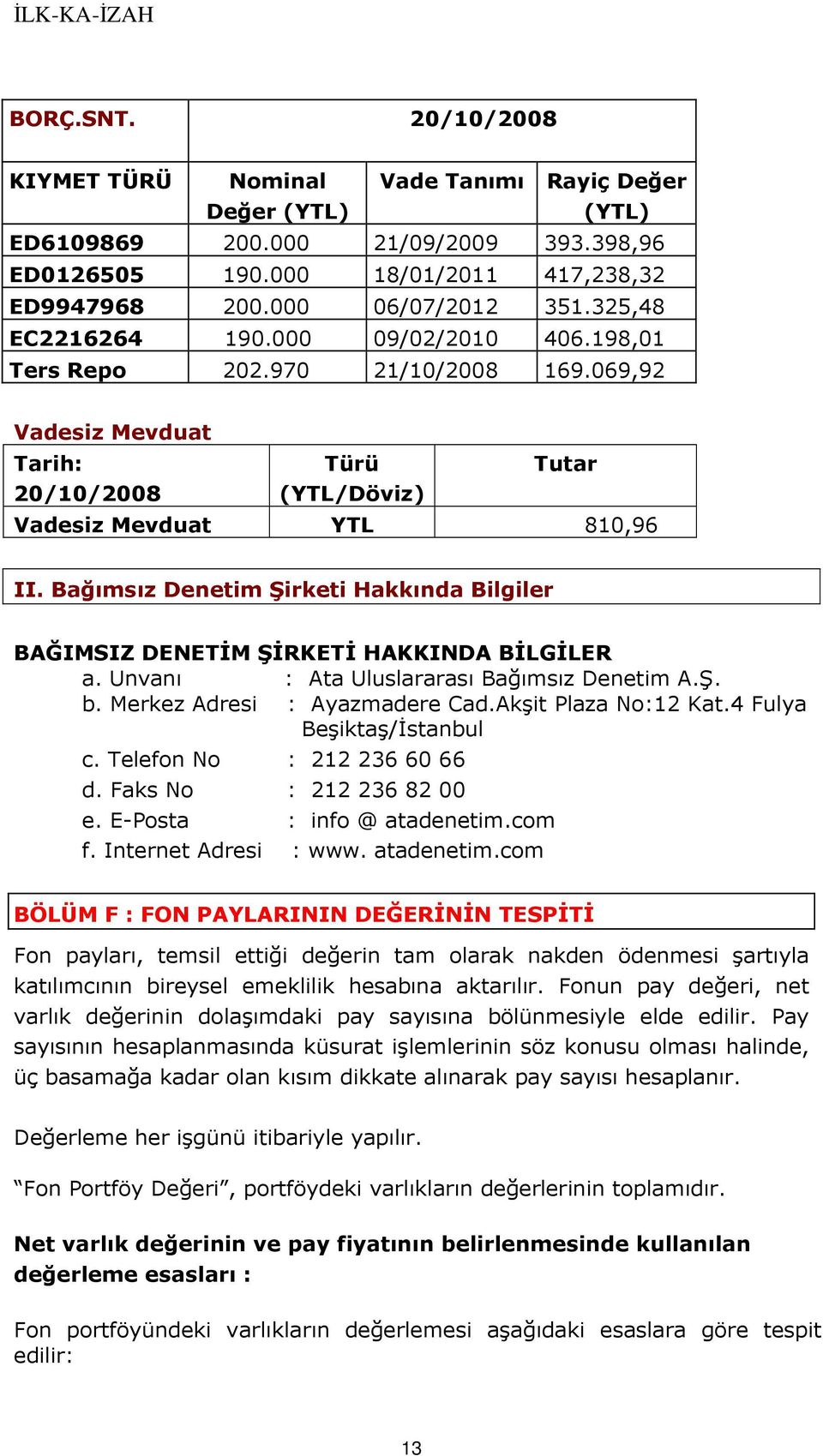 Bağımsız Denetim Şirketi Hakkında Bilgiler BAĞIMSIZ DENETĐM ŞĐRKETĐ HAKKINDA BĐLGĐLER a. Unvanı : Ata Uluslararası Bağımsız Denetim A.Ş. b. Merkez Adresi : Ayazmadere Cad.Akşit Plaza No:12 Kat.