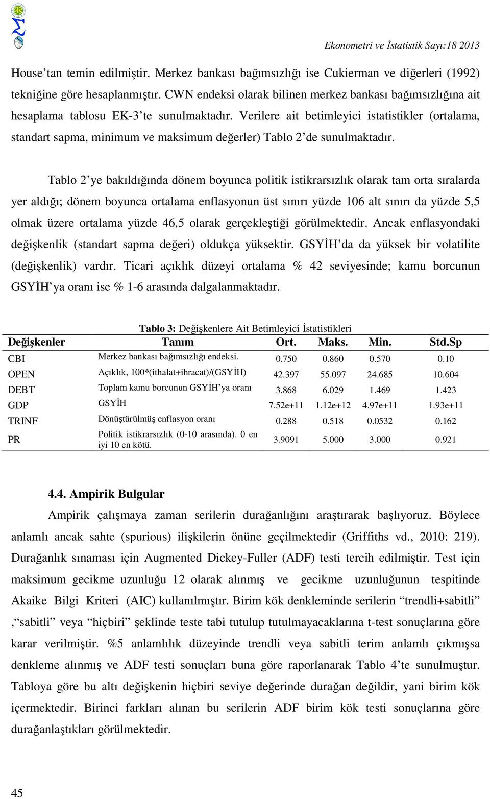 Verilere ait betimleyici istatistikler (ortalama, standart sapma, minimum ve maksimum değerler) Tablo 2 de sunulmaktadır.