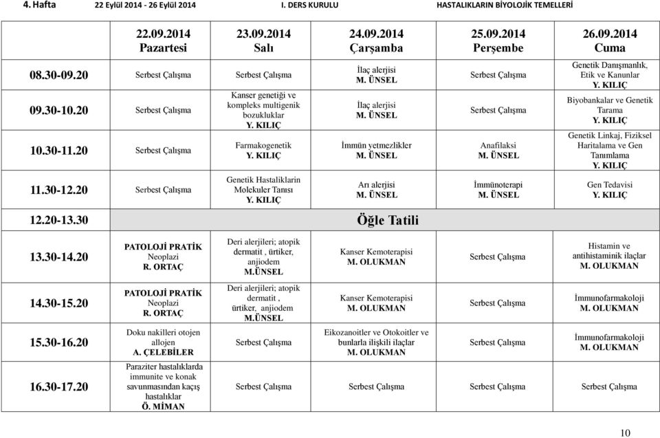 ÜNSEL İmmu noterapi M. ÜNSEL 26.09.2014 Genetik Danıs manlık, Etik ve Kanunlar Y. KILIÇ Biyobankalar ve Genetik Tarama Y. KILIÇ Genetik Linkaj, Fiziksel Haritalama ve Gen Tanımlama Y.