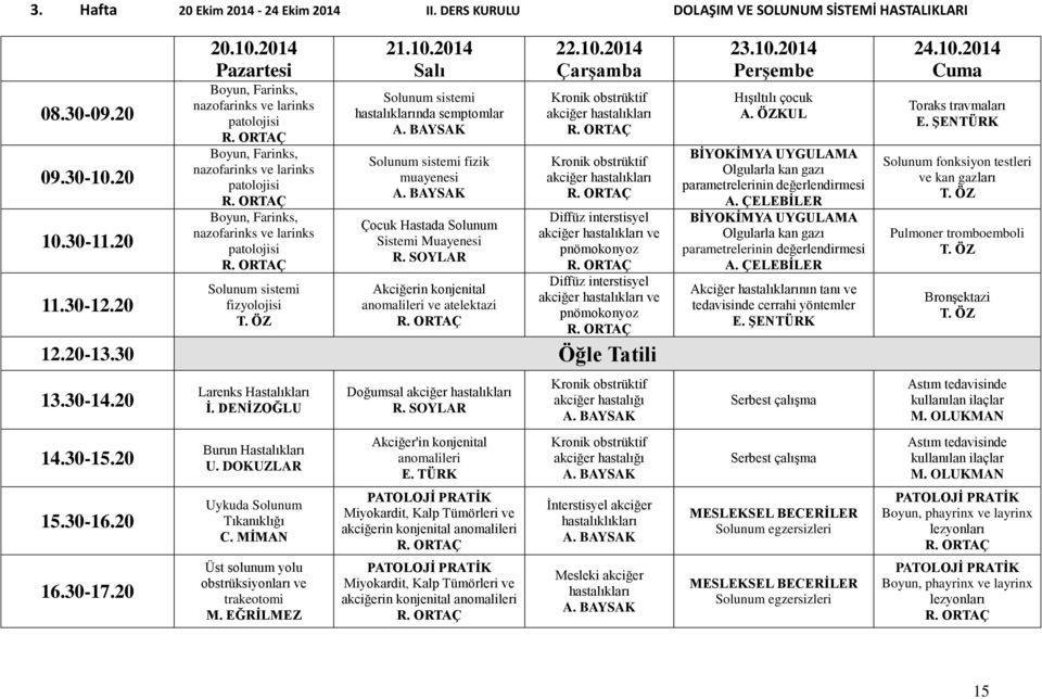 2014 Solunum sistemi hastalıklarında semptomlar A. BAYSAK Solunum sistemi fizik muayenesi A. BAYSAK Çocuk Hastada Solunum Sistemi Muayenesi R. SOYLAR Akciğerin konjenital anomalileri ve atelektazi 22.