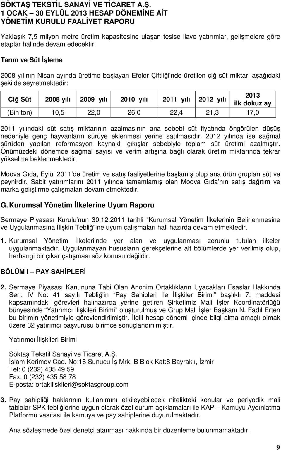 2013 ilk dokuz ay (Bin ton) 10,5 22,0 26,0 22,4 21,3 17,0 2011 yılındaki süt satış miktarının azalmasının ana sebebi süt fiyatında öngörülen düşüş nedeniyle genç hayvanların sürüye eklenmesi yerine