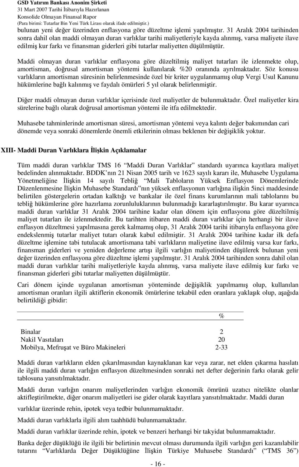 düülmütür. Maddi olmayan duran varlıklar enflasyona göre düzeltilmi maliyet tutarları ile izlenmekte olup, amortisman, dorusal amortisman yöntemi kullanılarak %20 oranında ayrılmaktadır.