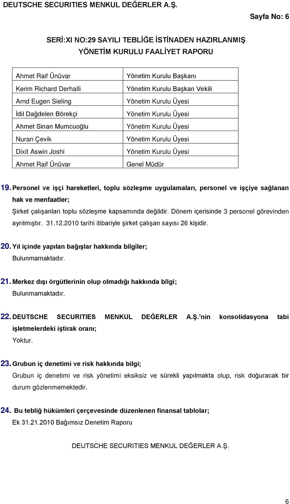 Üyesi Genel Müdür 19. Personel ve işçi hareketleri, toplu sözleşme uygulamaları, personel ve işçiye sağlanan hak ve menfaatler; Şirket çalışanları toplu sözleşme kapsamında değildir.