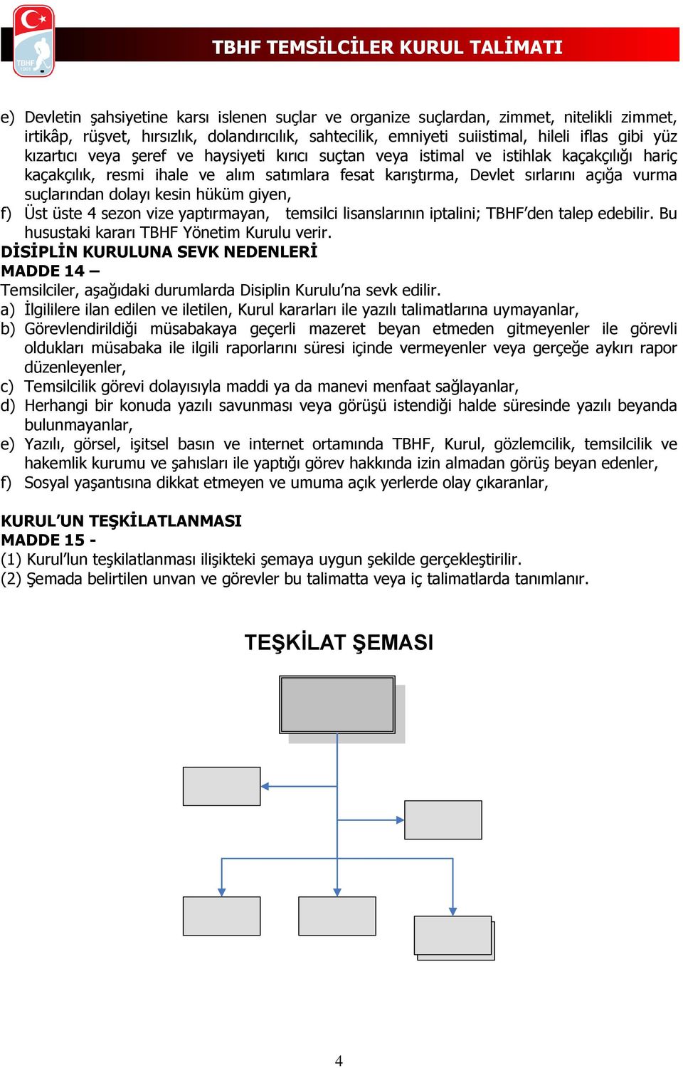 kesin hüküm giyen, f) Üst üste 4 sezon vize yaptırmayan, temsilci lisanslarının iptalini; TBHF den talep edebilir. Bu husustaki kararı TBHF Yönetim Kurulu verir.