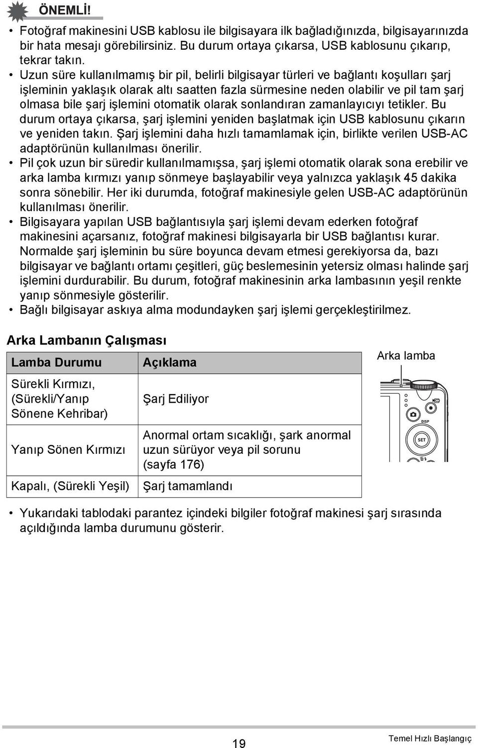 otomatik olarak sonlandıran zamanlayıcıyı tetikler. Bu durum ortaya çıkarsa, şarj işlemini yeniden başlatmak için USB kablosunu çıkarın ve yeniden takın.