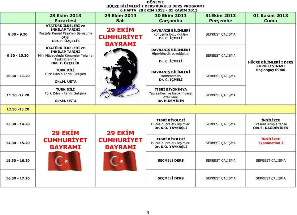 HAFTA 28 EKĐM 2013-01 KASIM 2013 29 Ekim 2013 29 EKĐM CUMHURĐYET BAYRAMI 30 Ekim 2013 Konuşma bozuklukları Hiperkinetik bozukluklar Homeostazis 31Ekim 2013 01 Kasım