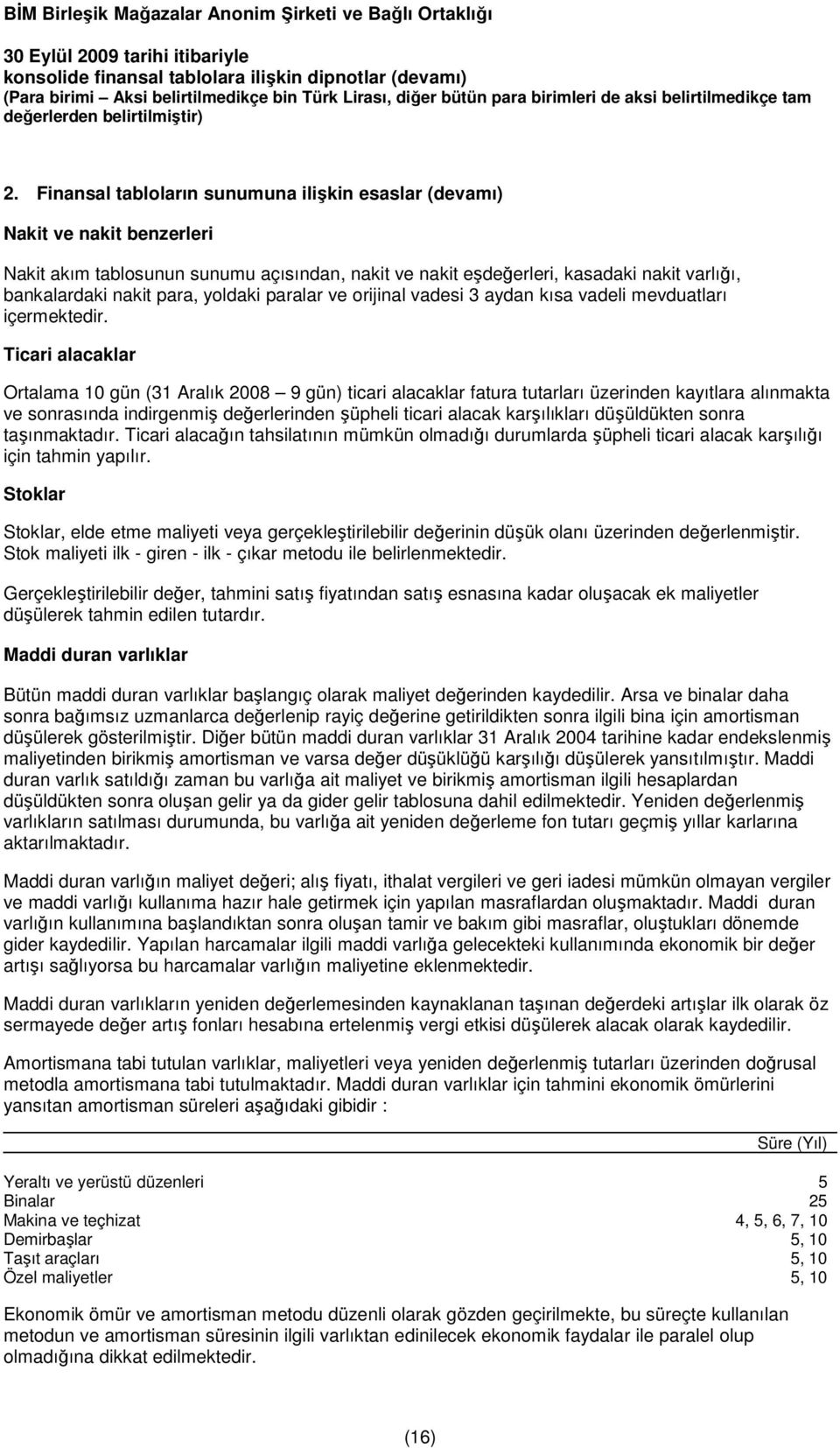 Ticari alacaklar Ortalama 10 gün (31 Aralık 2008 9 gün) ticari alacaklar fatura tutarları üzerinden kayıtlara alınmakta ve sonrasında indirgenmiş değerlerinden şüpheli ticari alacak karşılıkları