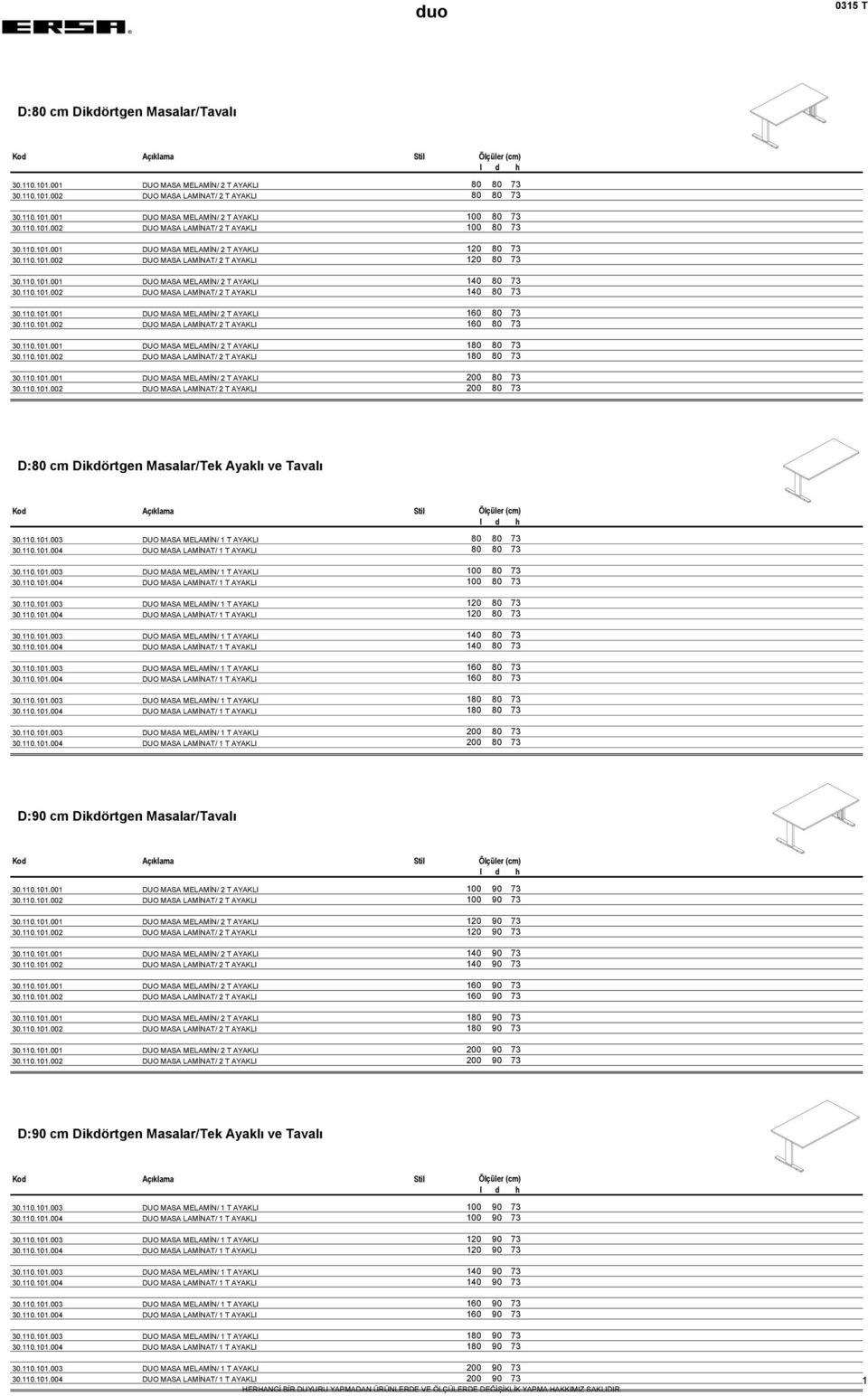 110.101.002 DUO MASA LAMİNAT/ 2 T AYAKLI 140 80 73 30.110.101.001 DUO MASA MELAMİN/ 2 T AYAKLI 160 80 73 30.110.101.002 DUO MASA LAMİNAT/ 2 T AYAKLI 160 80 73 30.110.101.001 DUO MASA MELAMİN/ 2 T AYAKLI 180 80 73 30.