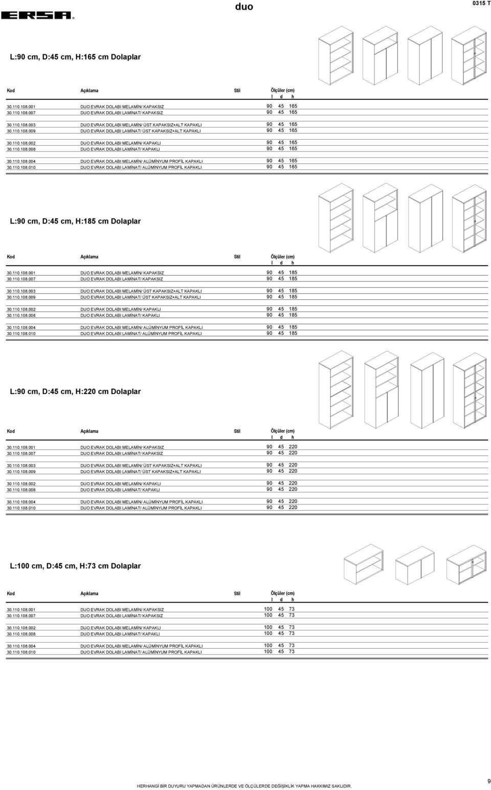 110.108.010 DUO EVRAK DOLABI LAMİNAT/ ALÜMİNYUM PROFİL KAPAKLI 90 45 165 L:90 cm, D:45 cm, H:185 cm Dolaplar 30.110.108.001 DUO EVRAK DOLABI MELAMİN/ KAPAKSIZ 90 45 185 30.110.108.007 DUO EVRAK DOLABI LAMİNAT/ KAPAKSIZ 90 45 185 30.