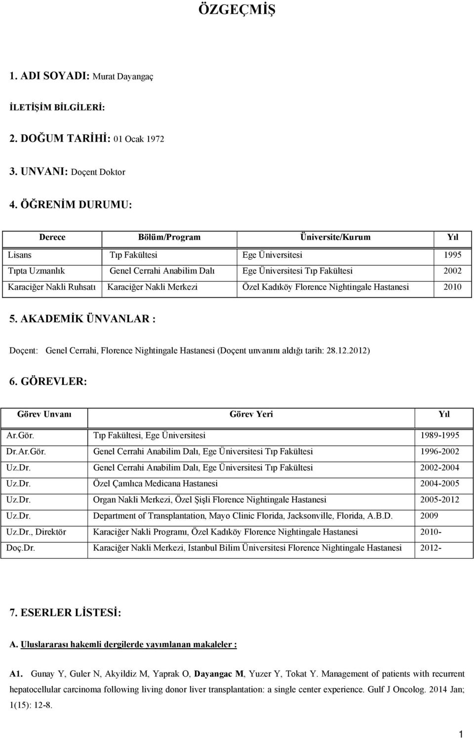 Ruhsatı Karaciğer Nakli Merkezi Özel Kadıköy Florence Nightingale Hastanesi 2010 5. AKADEMİK ÜNVANLAR : Doçent: Genel Cerrahi, Florence Nightingale Hastanesi (Doçent unvanını aldığı tarih: 28.12.