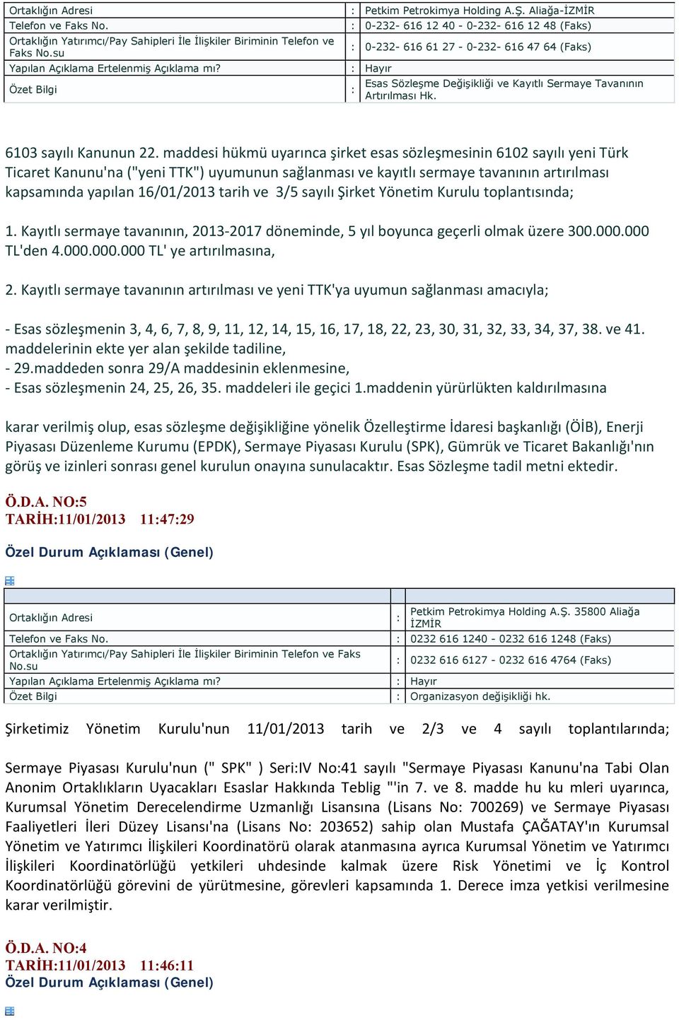 maddesi hükmü uyarınca şirket esas sözleşmesinin 6102 sayılı yeni Türk Ticaret Kanunu'na ("yeni TTK") uyumunun sağlanması ve kayıtlı sermaye tavanının artırılması kapsamında yapılan 16/01/2013 tarih