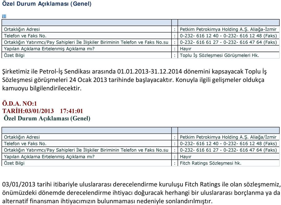 2014 dönemini kapsayacak Toplu İş Sözleşmesi görüşmeleri 24 Ocak 2013 tarihinde başlayacaktır. Konuyla ilgili gelişmeler oldukça kamuoyu bilgilendirilecektir. Ö.D.A.