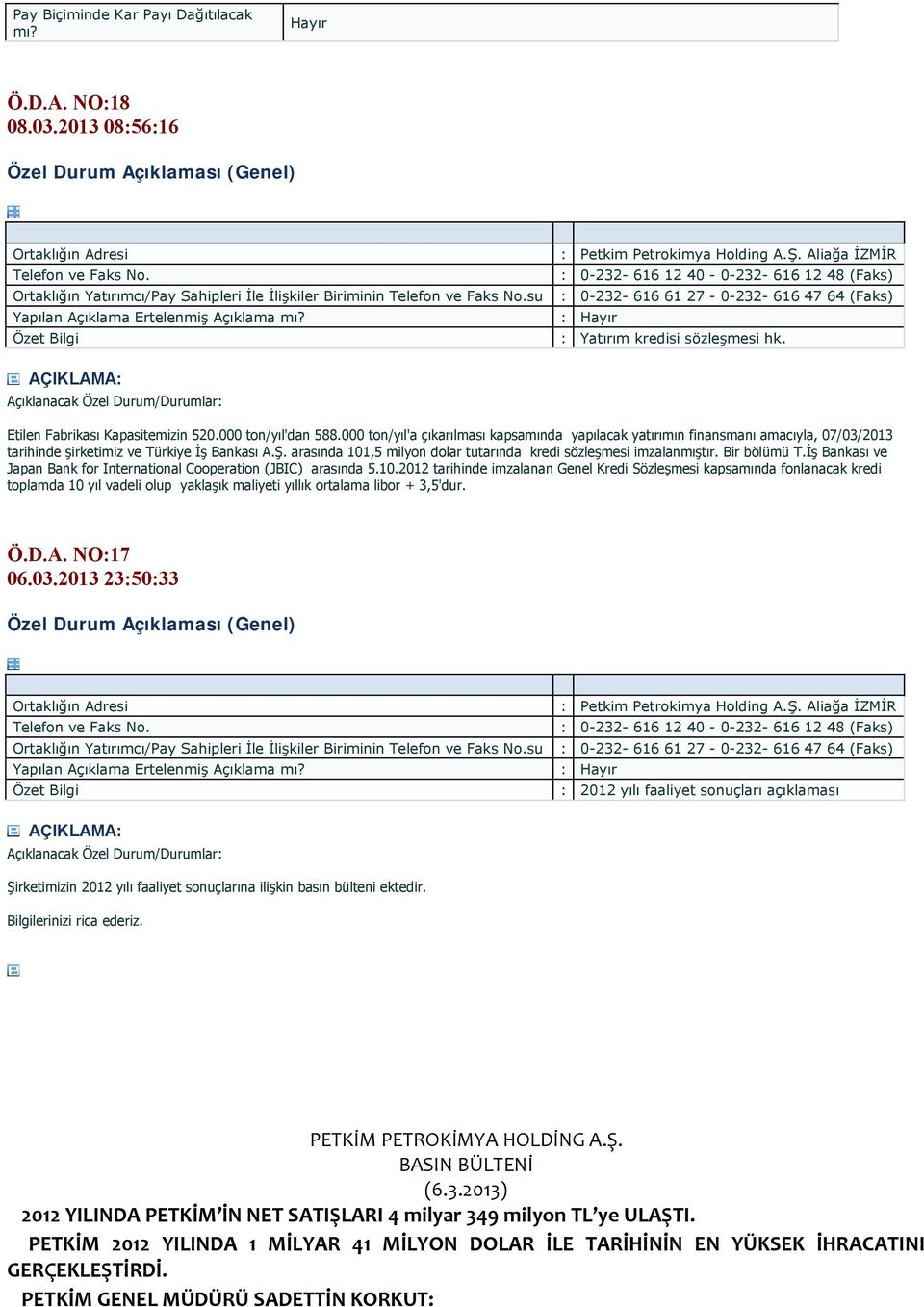 000 ton/yıl'dan 588.000 ton/yıl'a çıkarılması kapsamında yapılacak yatırımın finansmanı amacıyla, 07/03/2013 tarihinde şirketimiz ve Türkiye İş Bankası A.Ş.