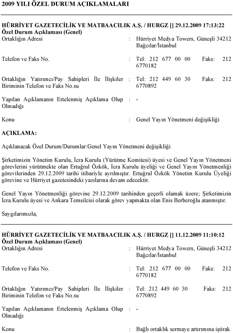 Yönetmeni görevlerini yürütmekte olan Ertuğrul Özkök, İcra Kurulu üyeliği ve Genel Yayın Yönetmenliği görevilerinden 29.12.2009 tarihi itibariyle ayrılmıştır.