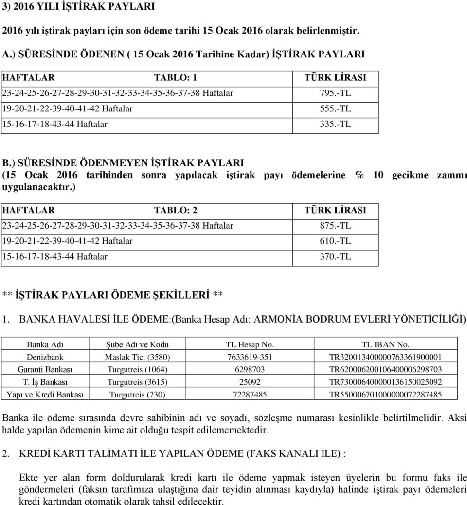 -TL 15-16-17-18-43-44 Haftalar 335.-TL B.) SÜRESİNDE ÖDENMEYEN İŞTİRAK PAYLARI (15 Ocak 216 tarihinden sonra yapılacak iştirak payı ödemelerine % 1 gecikme zammı uygulanacaktır.