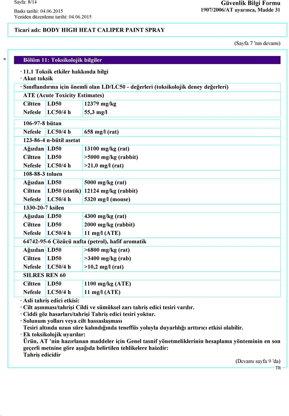 55,3 mg/l 106-97-8 bütan Nefesle LC50/4 h 658 mg/l (rat) 123-86-4 n-bütil asetat Ağızdan LD50 13100 mg/kg (rat) Ciltten LD50 >5000 mg/kg (rabbit) Nefesle LC50/4 h >21,0 mg/l (rat) 108-88-3 toluen