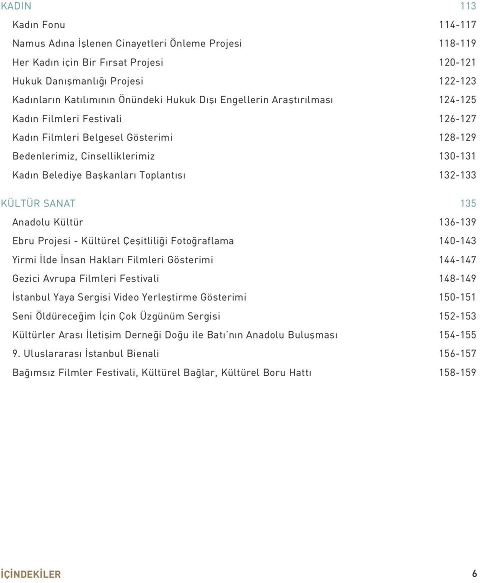 KÜLTÜR SANAT 135 Anadolu Kültür 136-139 Ebru Projesi - Kültürel Çeflitlili i Foto raflama 140-143 Yirmi lde nsan Haklar Filmleri Gösterimi 144-147 Gezici Avrupa Filmleri Festivali 148-149 stanbul