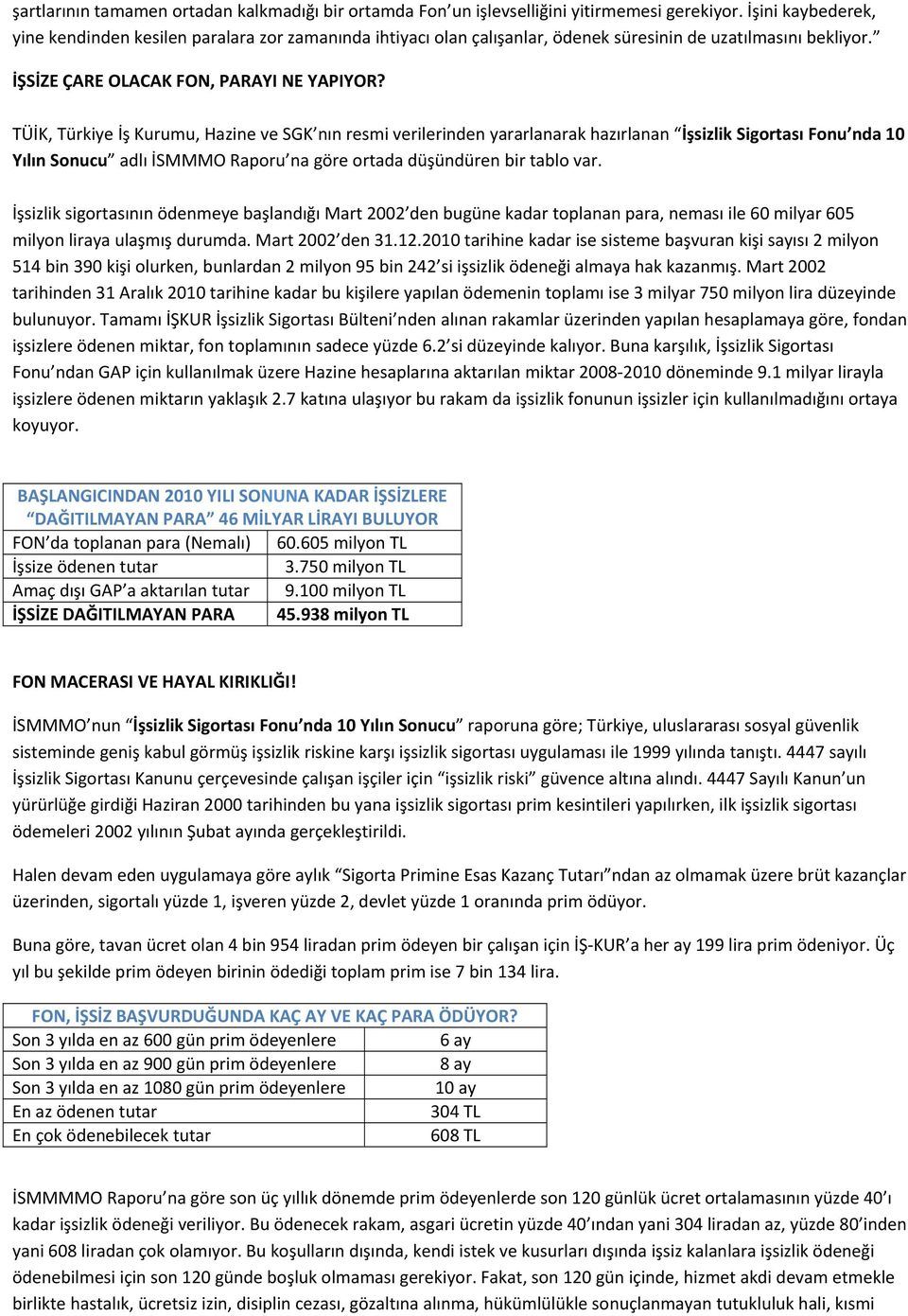 TÜİK, Türkiye İş Kurumu, Hazine ve SGK nın resmi verilerinden yararlanarak hazırlanan İşsizlik Sigortası Fonu nda 10 Yılın Sonucu adlı İSMMMO Raporu na göre ortada düşündüren bir tablo var.