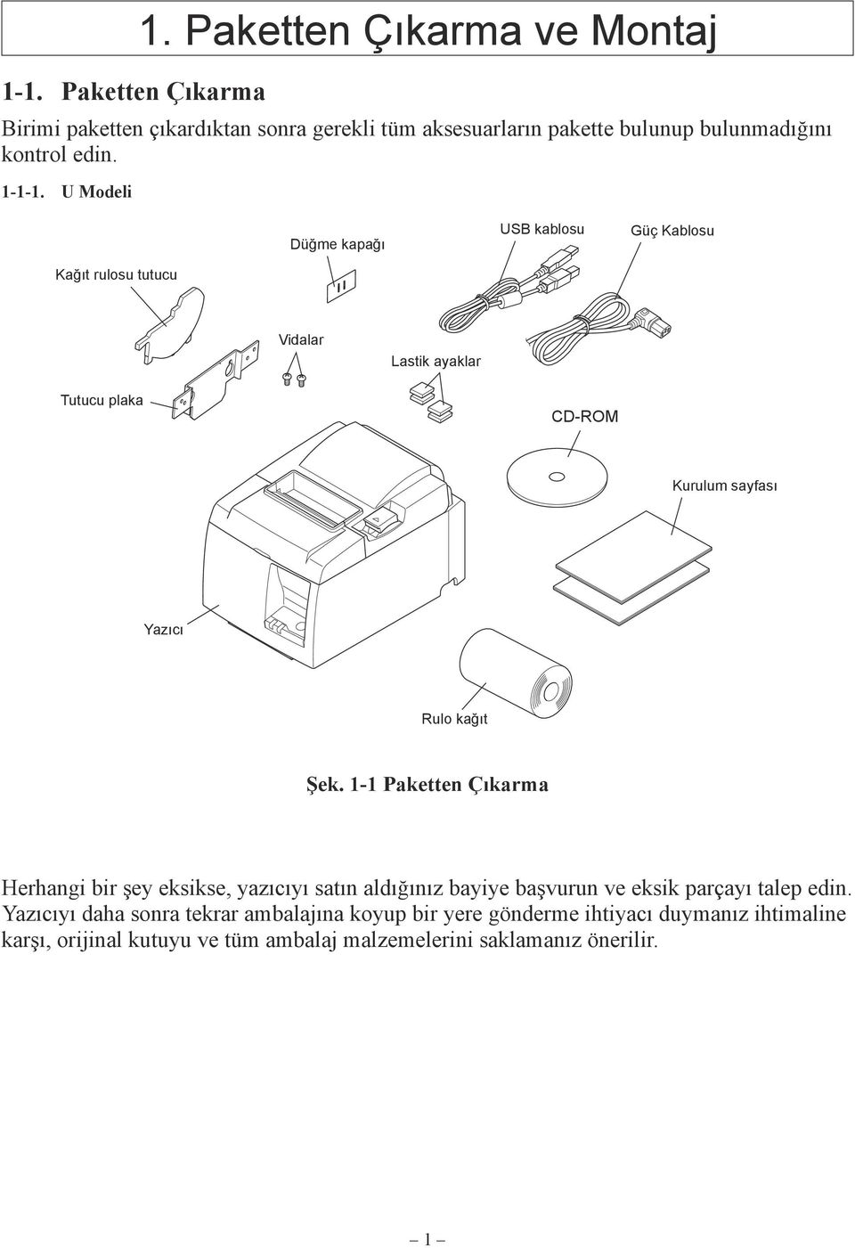 U Modeli Düğme kapağı USB kablosu Güç Kablosu Kağıt rulosu tutucu Vidalar Lastik ayaklar Tutucu plaka CD-ROM Kurulum sayfası Yazıcı Rulo kağıt Şek.