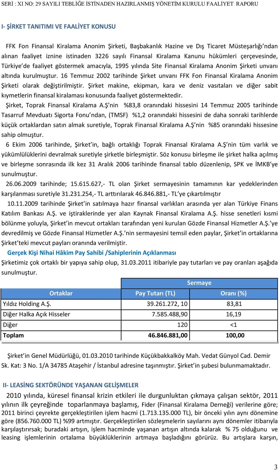 16 Temmuz 2002 tarihinde Şirket unvanı FFK Fon Finansal Kiralama Anonim Şirketi olarak değiştirilmiştir.