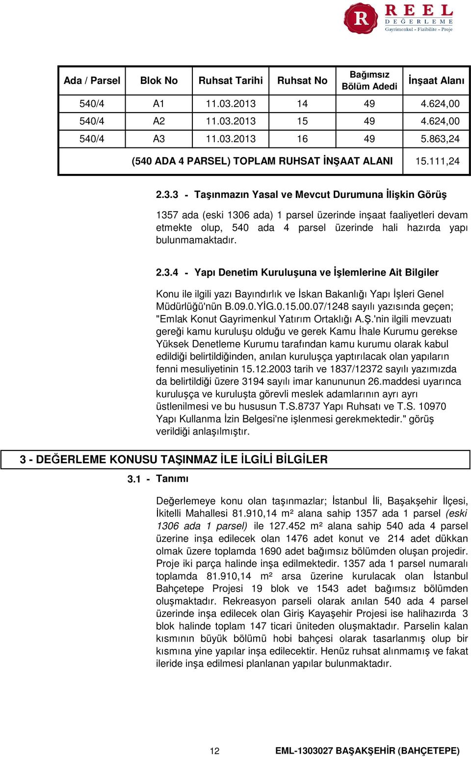 3 - Taşınmazın Yasal ve Mevcut Durumuna İlişkin Görüş 1357 ada (eski 1306 ada) 1 parsel üzerinde inşaat faaliyetleri devam etmekte olup, 540 ada 4 parsel üzerinde hali hazırda yapı bulunmamaktadır. 2.